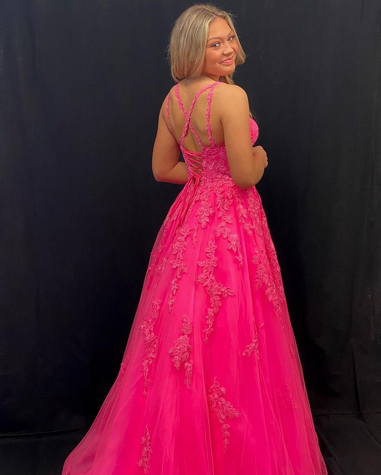 Pink Lace Prom Dresses Long,  Formal Ball Dress, Evening Dress, Dance Dresses, School Party Gown, PC0954