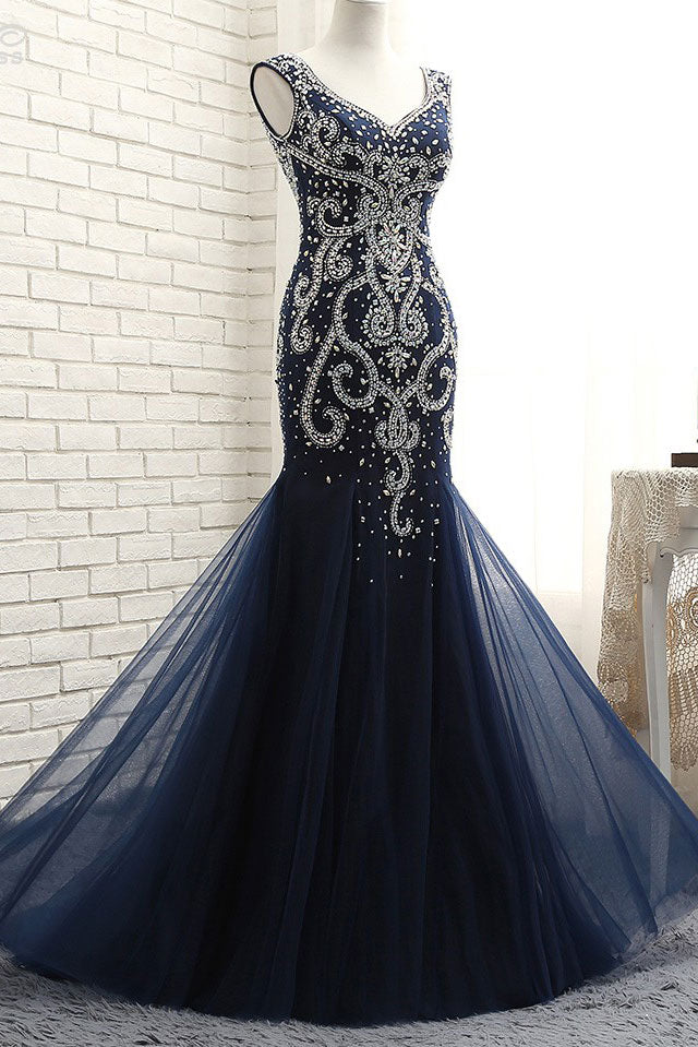Navy Prom Dress Beaded, Prom Dresses Long, Formal Dress, Pageant Dance Dresses, School Party Gown, PC0702