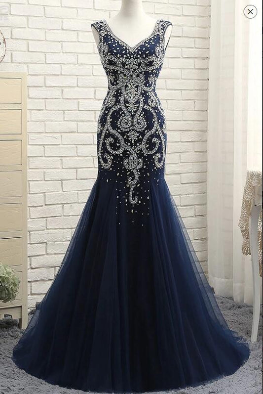 Navy Prom Dress Beaded, Prom Dresses Long, Formal Dress, Pageant Dance Dresses, School Party Gown, PC0702