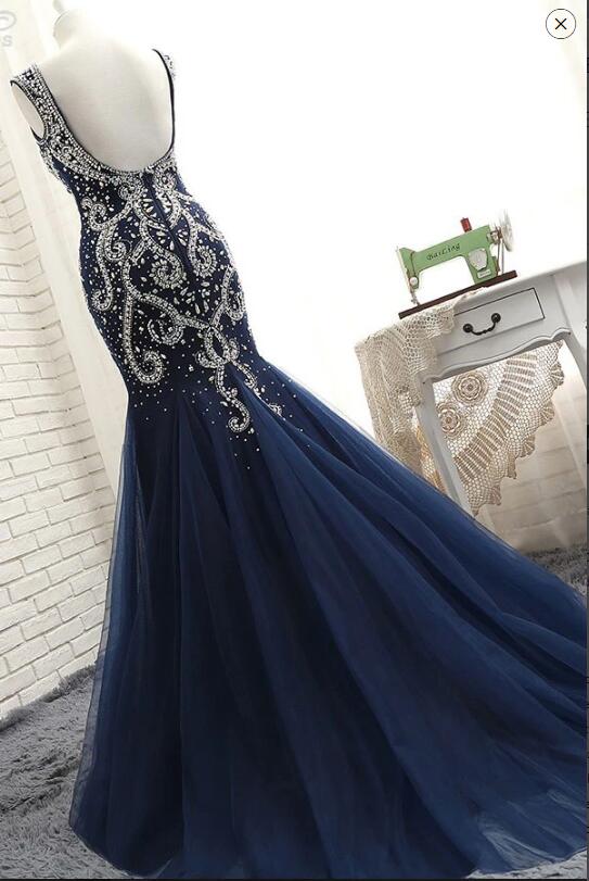 Navy Prom Dress Beaded, Prom Dresses Long, Formal Dress, Pageant Dance Dresses, School Party Gown, PC0702