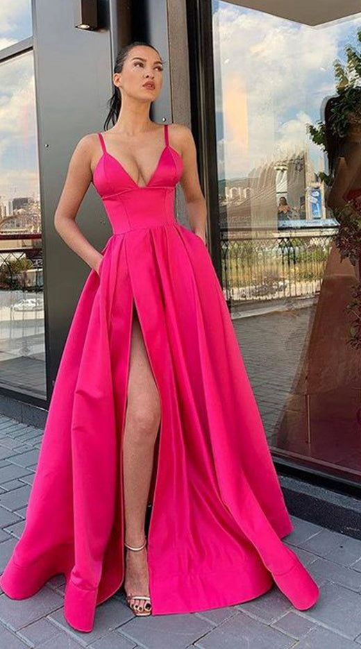 Hot Pink Prom Dress Slit Skirt, Formal Dress, Evening Dress, Dance Dresses, School Party Gown, PC0799