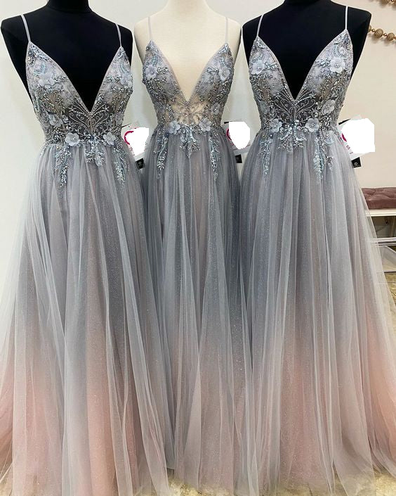 Silver Grey Prom Dresses Low Cut, Formal Dress, Evening Dress, Pageant Dance Dresses, School Party Gown, PC0739