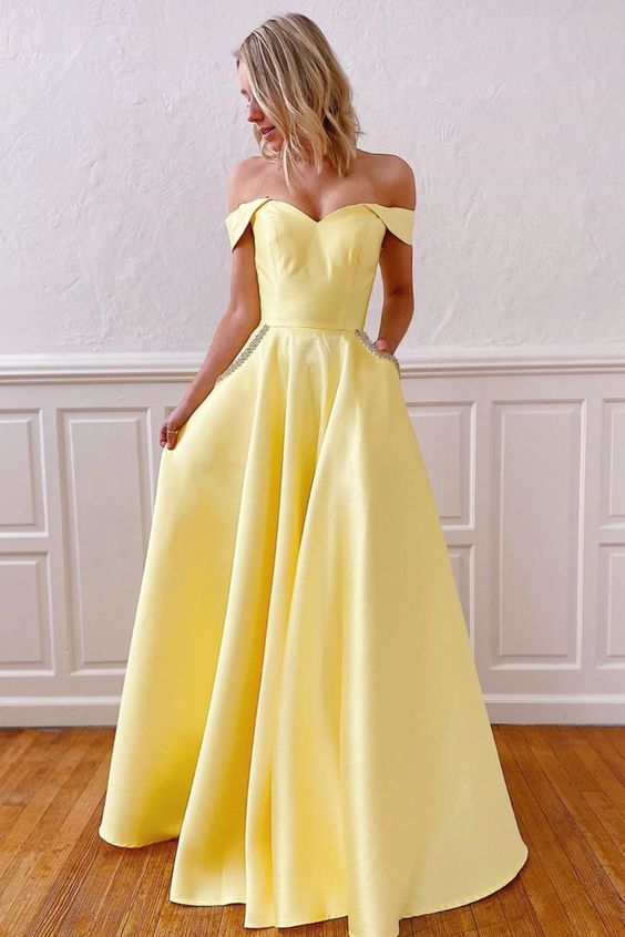 Yellow Satin Prom Dresses , Formal Ball Dress, Evening Dress, Dance Dresses, School Party Gown, PC0898