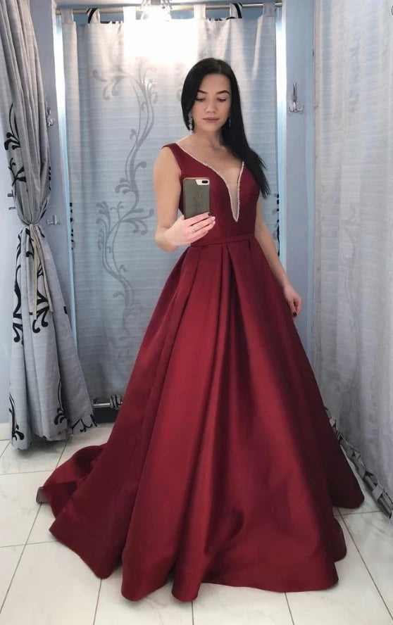 Burgundy Satin Prom Dress , Winter Formal Dress, Pageant Dance Dresses, Back To School Party Gown, PC0685