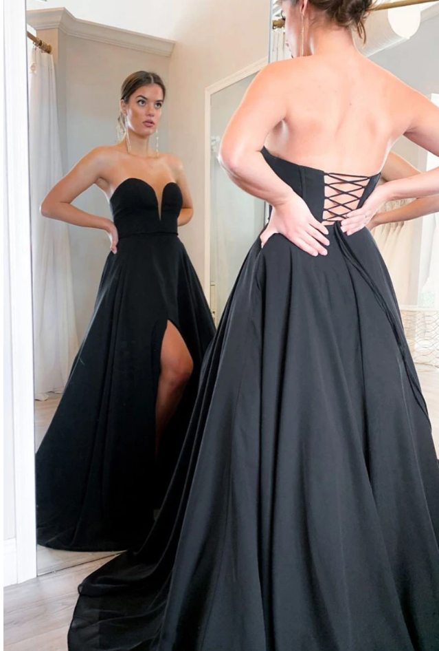 Black Prom Dress with Slit, Winter Formal Dress, Pageant Dance Dresses, Back To School Party Gown, PC0688