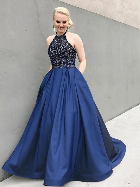 Navy Prom Dress Halter Neckline, Evening Dress ,Winter Formal Dress, Pageant Dance Dresses, Graduation School Party Gown, PC0118 - Promcoming