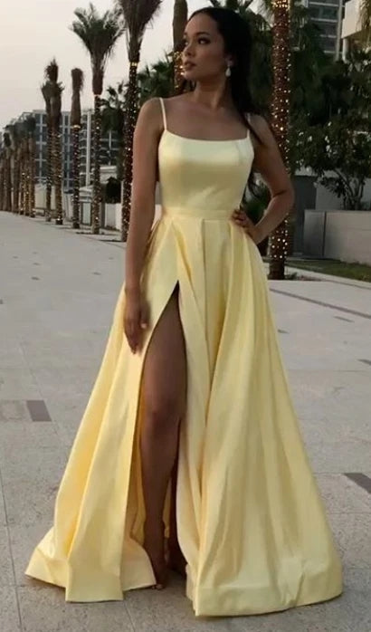 Yellow Prom Dress High Slit, Winter Formal Dress, Pageant Dance Dresses, Back To School Party Gown, PC0694