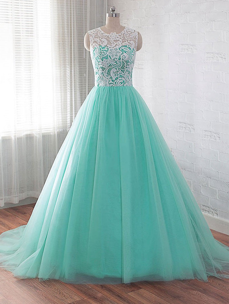Green Prom Dress with Lace Top and A Line Skirt For Teens