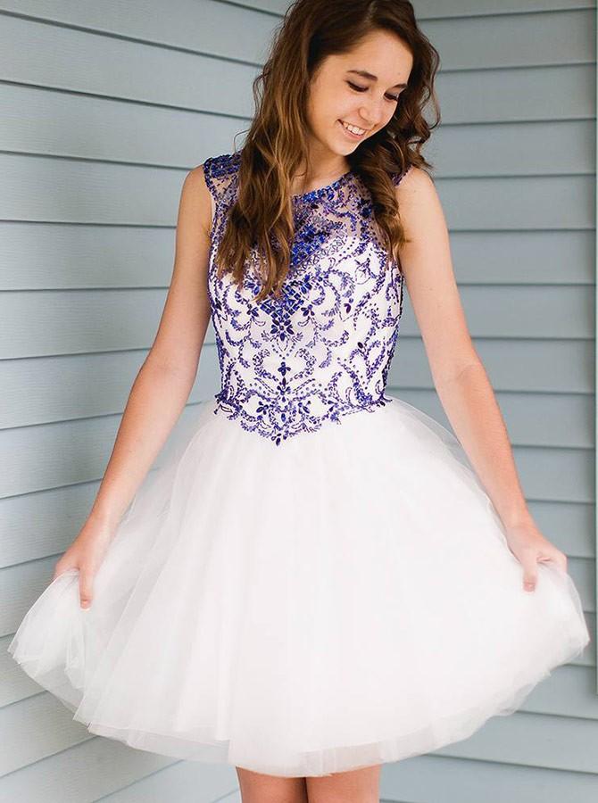White Homecoming Dress with Royal Beading, Short Prom Dress ,Winter Formal Dress, Pageant Dance Dresses, Back To School Party Gown, PC0660