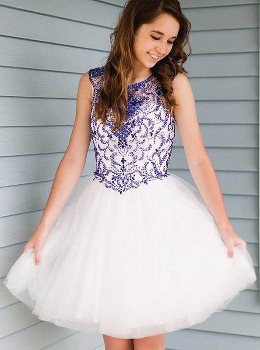 White Homecoming Dress with Royal Beading, Short Prom Dress ,Winter Formal Dress, Pageant Dance Dresses, Back To School Party Gown, PC0660