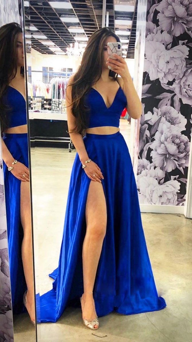 2024 Long Sequins 2 Piece Prom Dress Light Blue V Neck Mermaid Lace-Up –  MyChicDress