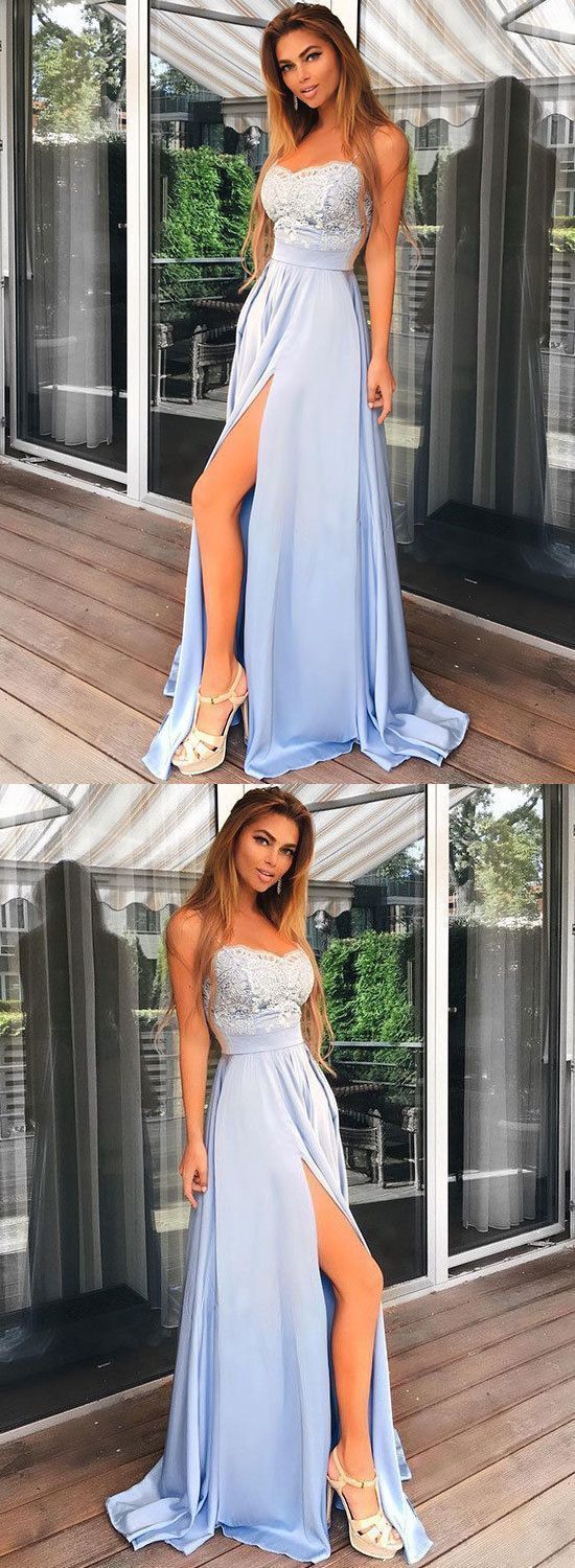 Light Blue Prom Dress Slit Skirt Evening Dress Winter Formal Dress Promcoming