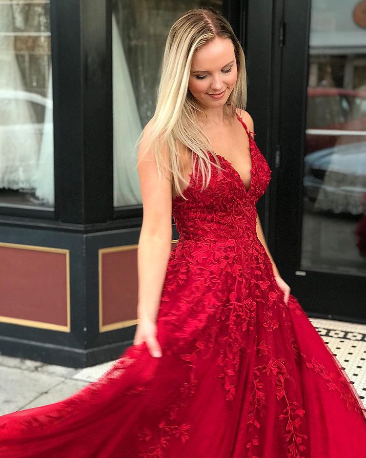 Red Lace Prom Dresses Long, Formal Ball Dress, Evening Dress, Dance Dresses, School Party Gown, PC0943