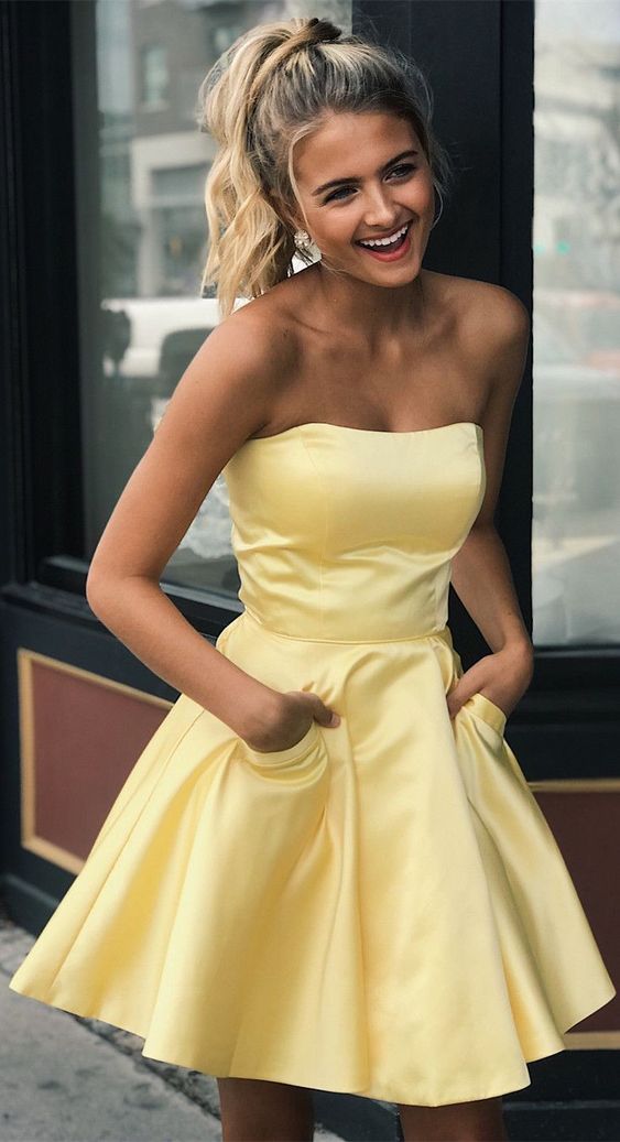 Yellow Homecoming Dress with Pockets, Short Prom Dress ,Winter Formal Dress, Pageant Dance Dresses, Back To School Party Gown, PC0654