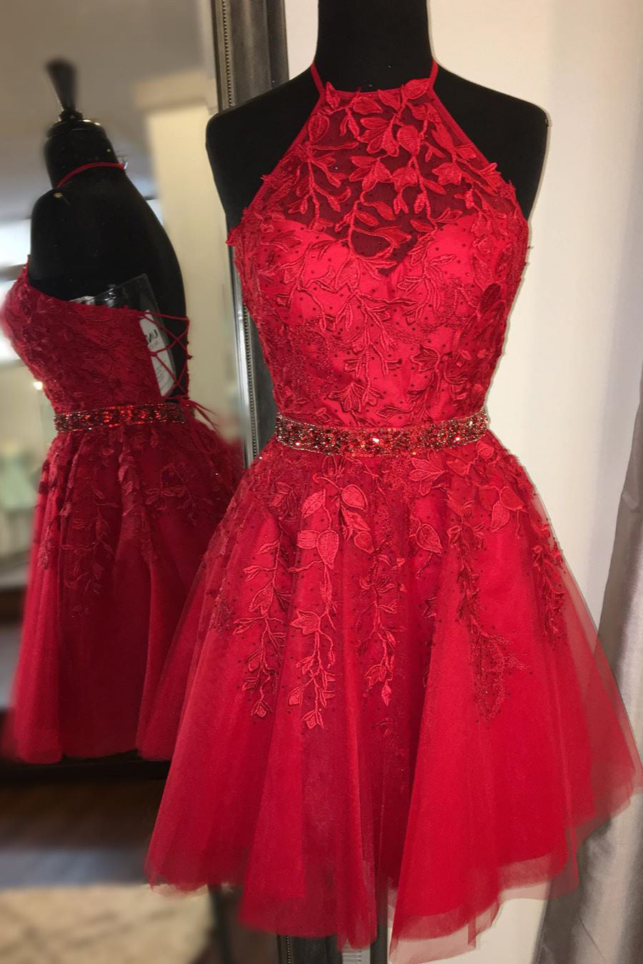 Burgundy Lace Homecoming Dress Halter Neckline, Short Prom Dress ,Winter Formal Dress, Pageant Dance Dresses, Back To School Party Gown, PC0676