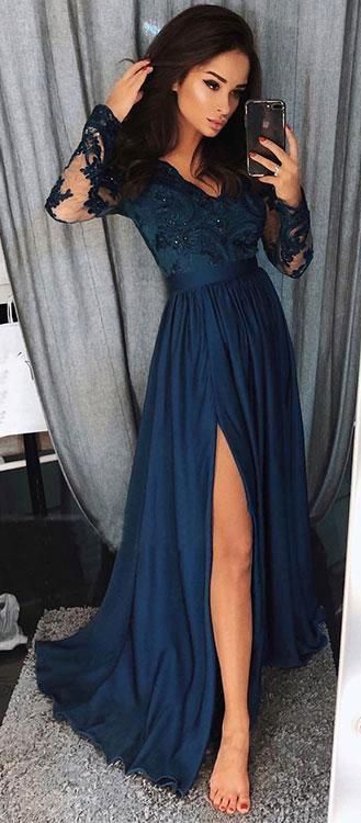 Long Sleeves Prom Dress Slit Skirt, Ball Gown, Sweet 16 Dress, Winter Formal Dress, Pageant Dance Dresses, Graduation School Party Gown, PC0057 - Promcoming