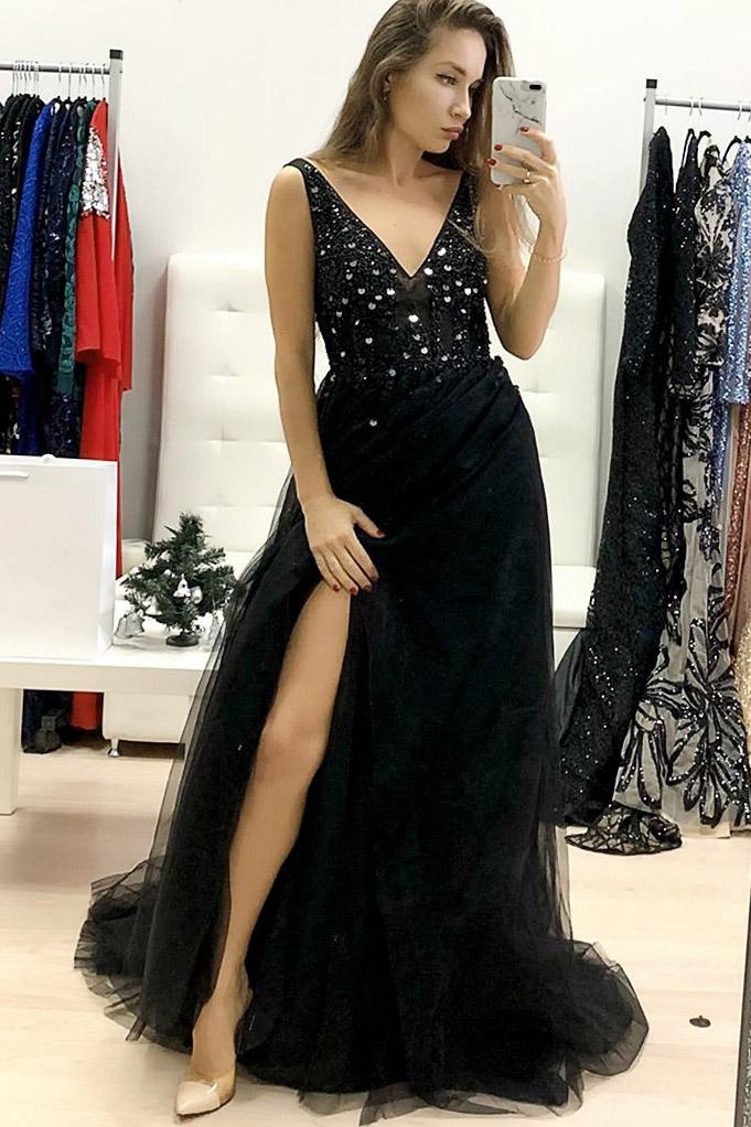 Black Prom Dresses with Slit, Evening Dress ,Winter Formal Dress, Pageant Dance Dresses, Graduation School Party Gown, PC0207 - Promcoming