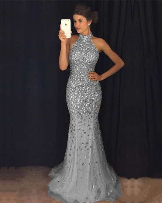 Mermaid Silver Prom Dress Halter Neckline, Formal Dress, Evening Dress, Pageant Dance Dresses, School Party Gown, PC0749