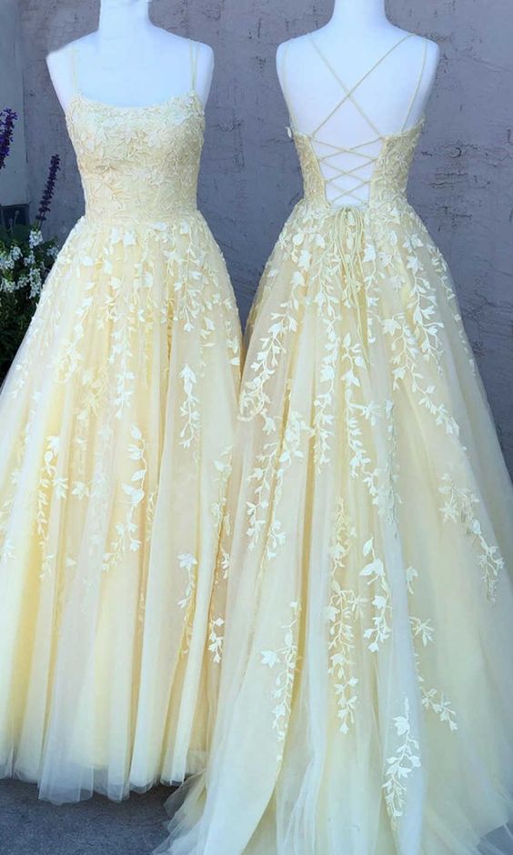 Yellow Lace Prom Dress Lace Up Back, Evening Dress, Dance Dress, Graduation School Party Gown, PC0468 - Promcoming
