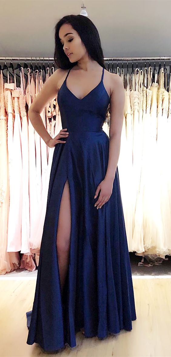 Sexy Navy Prom Dress with Slit, Evening Dress ,Winter Formal Dress, Pageant Dance Dresses, Graduation School Party Gown, PC0069 - Promcoming
