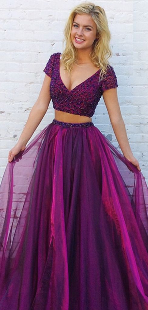 Two Pieces Prom Dress Short Sleeves, Evening Dress ,Winter Formal Dress, Pageant Dance Dresses, Graduation School Party Gown, PC0188 - Promcoming