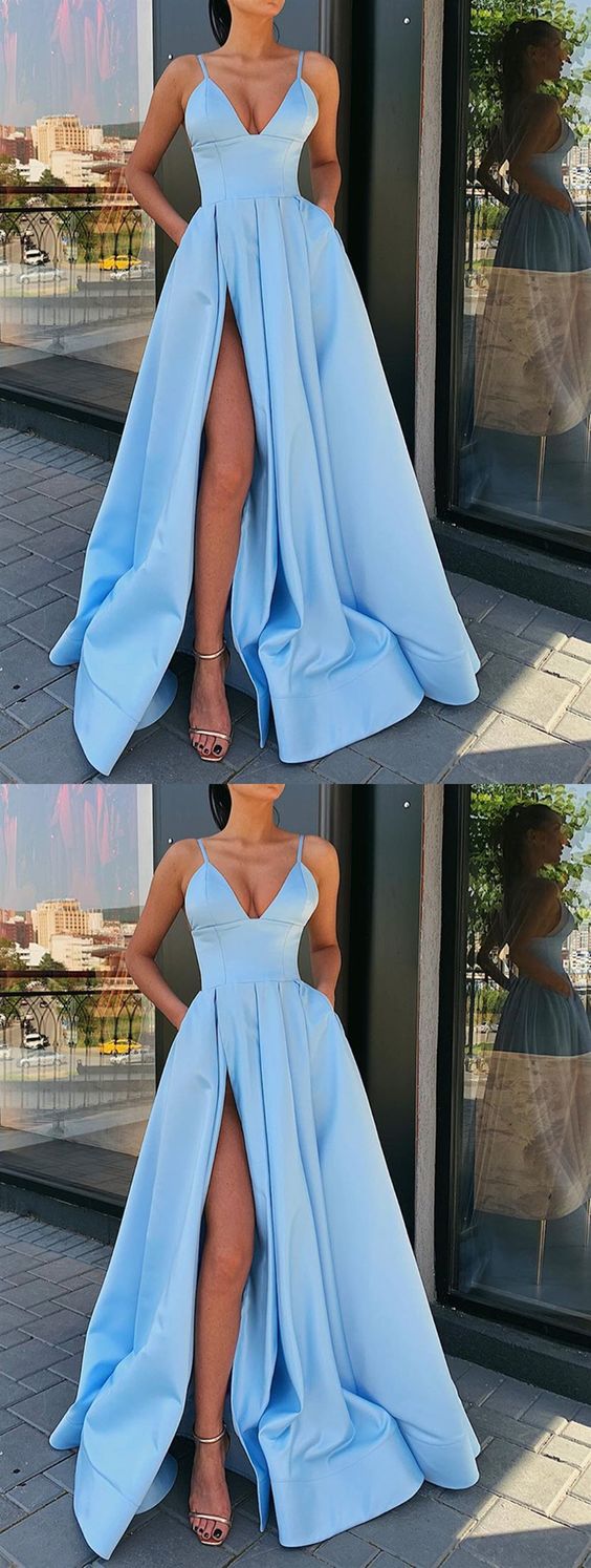 Light Blue Prom Dress Slit Skirt, Evening Dress, Pageant Dance Dresses, Graduation School Party Gown,PC0001 - Promcoming