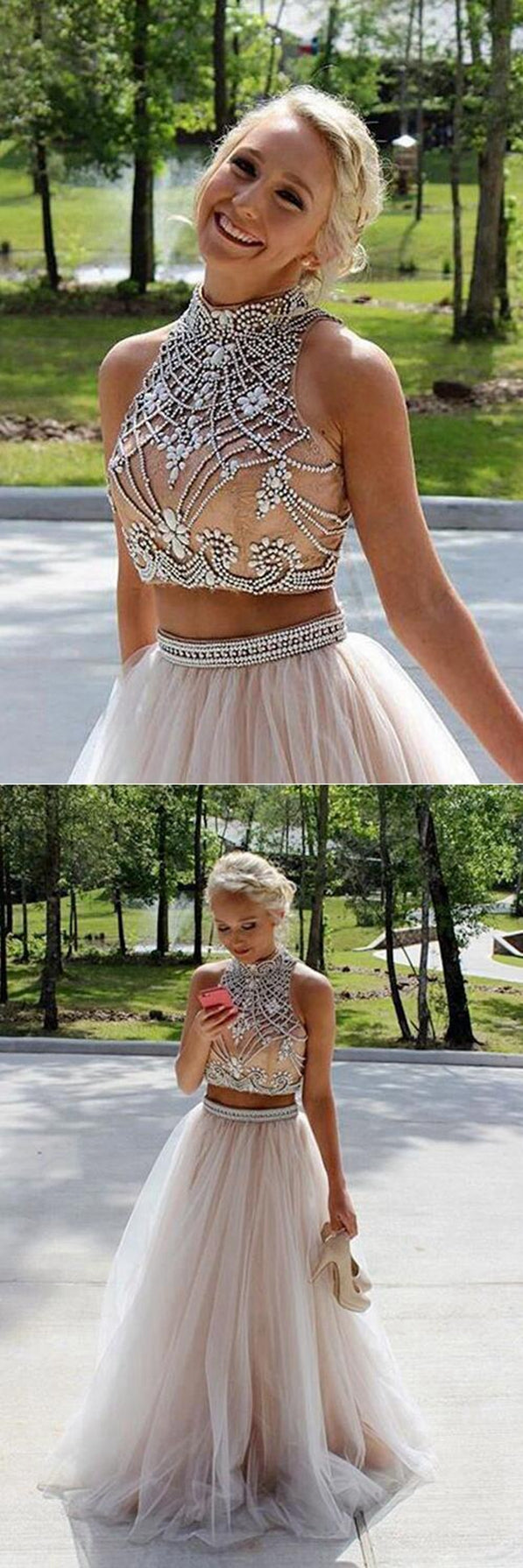 Two Pieces Prom Dresses Halter Neckline, Evening Dress ,Winter Formal Dress, Pageant Dance Dresses, Back To School Party Gown, PC0590 - Promcoming