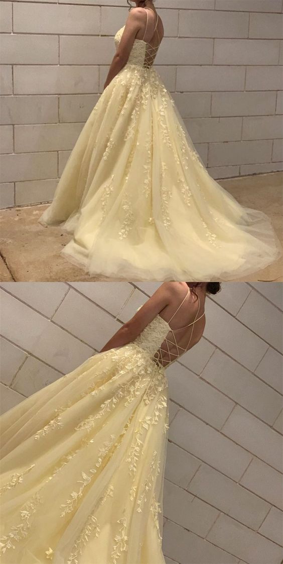 Yellow Lace Prom Dresses Long, Formal Dress, Pageant Dance Dresses, School Party Gown, PC0704