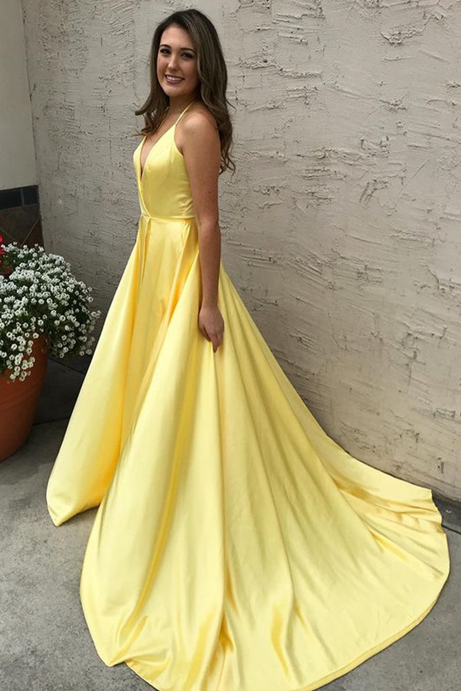 Yellow Prom Dress Deep V Neckline 2023 Winter Formal Dress Pageant Dance Dresses Back To School Party Gown