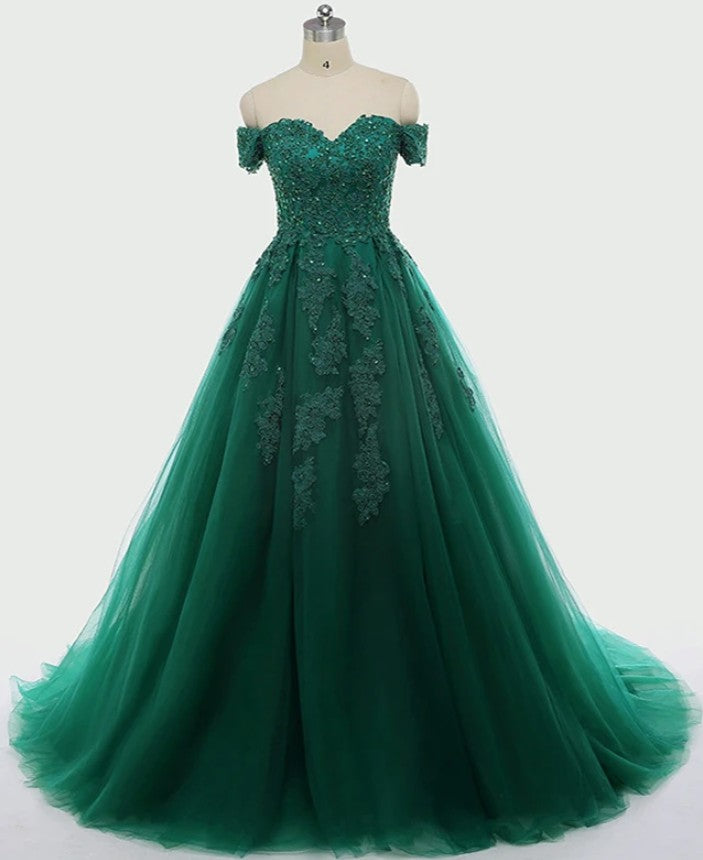 Green Prom Dress Off The Shoulder Straps, Formal Dress, Evening Dress, Pageant Dance Dresses, School Party Gown, PC0718