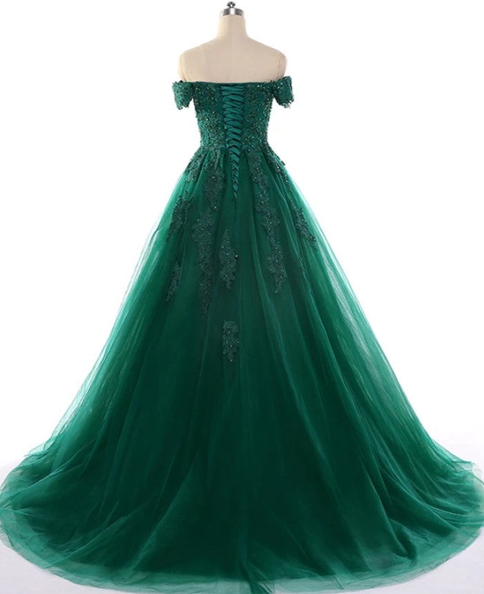 Green Prom Dress Off The Shoulder Straps, Formal Dress, Evening Dress, Pageant Dance Dresses, School Party Gown, PC0718