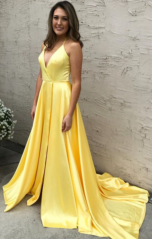 Yellow Prom Dress Deep V Neckline 2023 Winter Formal Dress Pageant Dance Dresses Back To School Party Gown