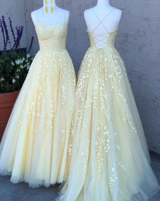 Yellow Lace Prom Dress 2023 Winter Formal Dress Pageant Dance Dresses Back To School Party Gown, PC1027