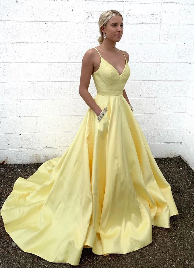 Yellow Prom Dresses Long in Satin with Pockets