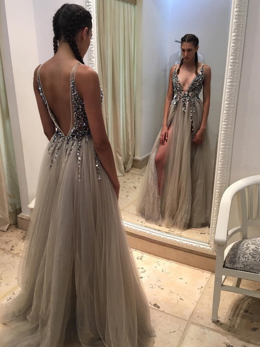 Sexy Siver Grey Prom Dress with Slit, Evening Dress ,Winter Formal Dress, Pageant Dance Dresses, Graduation School Party Gown, PC0303 - Promcoming