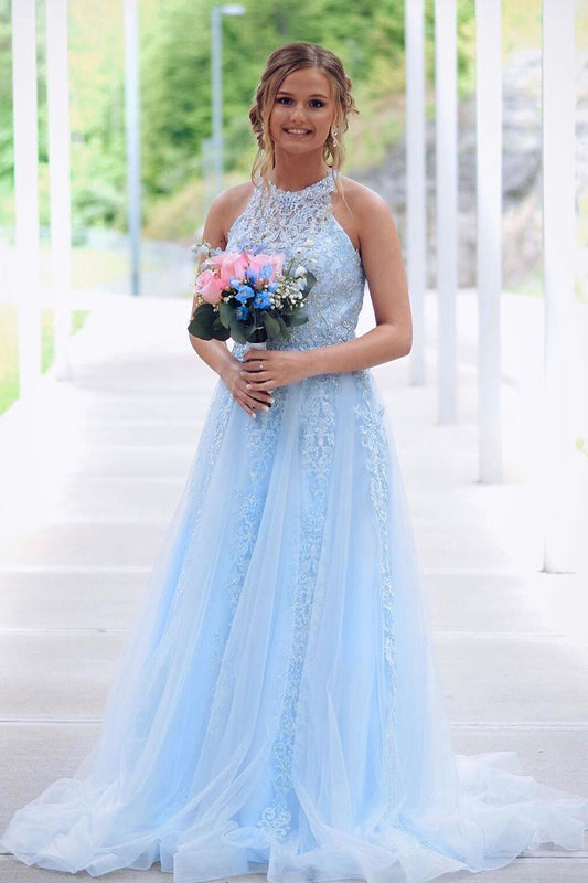 Light Blue Prom Dress Halter Neckline, Prom Dresses, Evening Dress, Dance Dress, Graduation School Party Gown, PC0388 - Promcoming