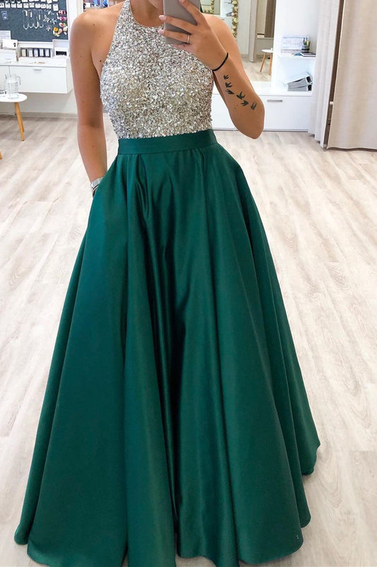 Dark Green Prom Dress Halter Neckline, Prom Dresses, Evening Dress, Dance Dress, Graduation School Party Gown, PC0393 - Promcoming