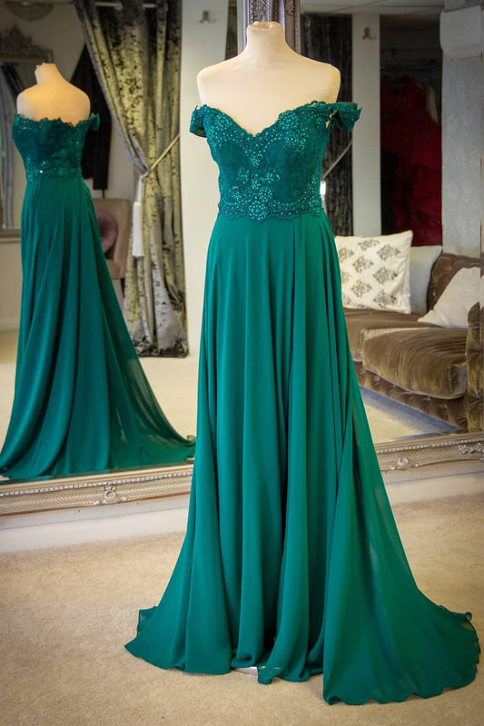 Green Prom Dress Off The Shoulder Straps, Formal Dress, Evening Dress, Pageant Dance Dresses, School Party Gown, PC0747