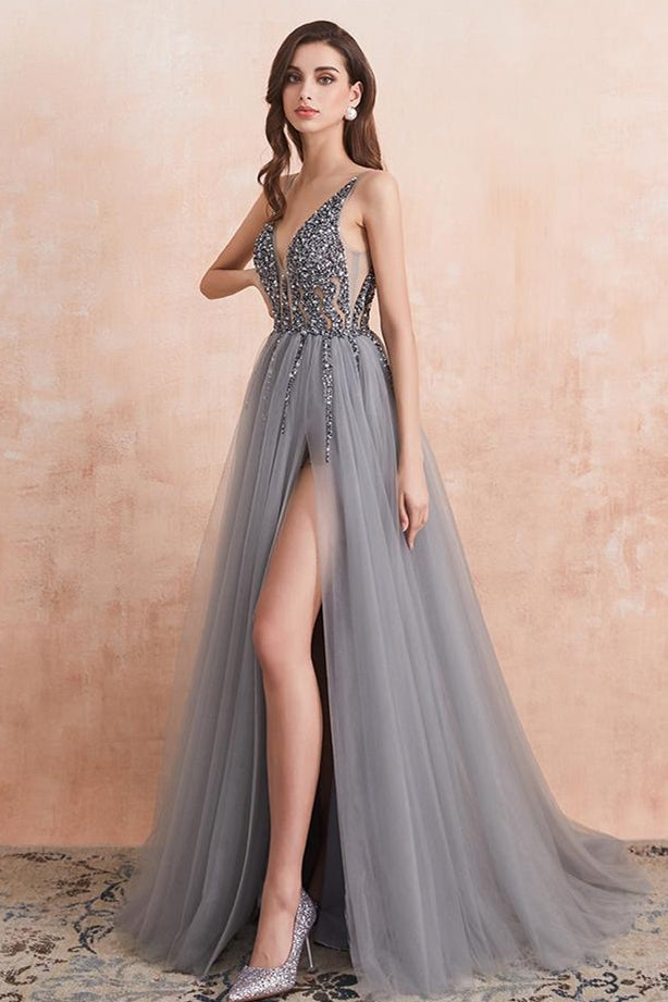 Silver Grey Prom Dress with Slit, Evening Dress, Special Occasion Dress, Formal Dress, Graduation School Party Gown, PC0519 - Promcoming