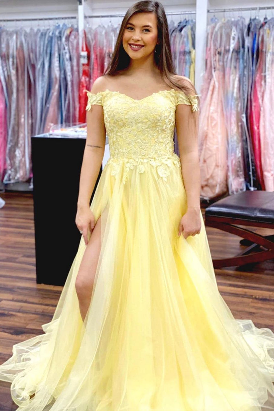 Yellow Prom Dress with Slit, Winter Formal Dress, Pageant Dance Dresses, Back To School Party Gown, PC0680