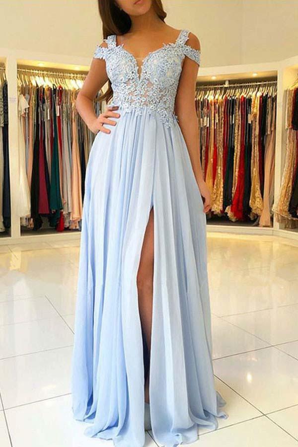 Light Blue Prom Dress with Slit, Evening Dress ,Winter Formal Dress, Pageant Dance Dresses, Graduation School Party Gown, PC0215 - Promcoming
