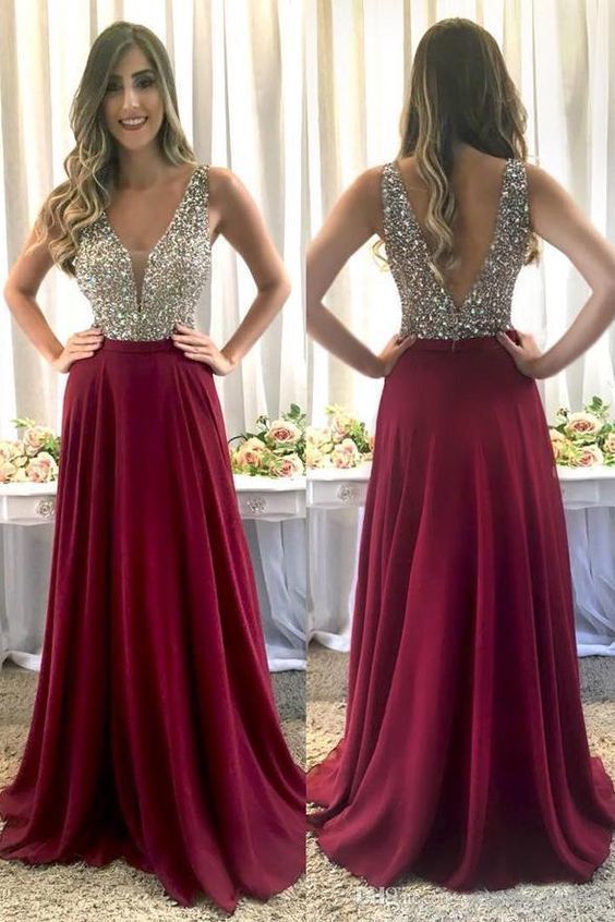 Burgundy Prom Dress Long Beaded Top, Formal Dress, Evening Dress, Pageant Dance Dresses, School Party Gown, PC0743