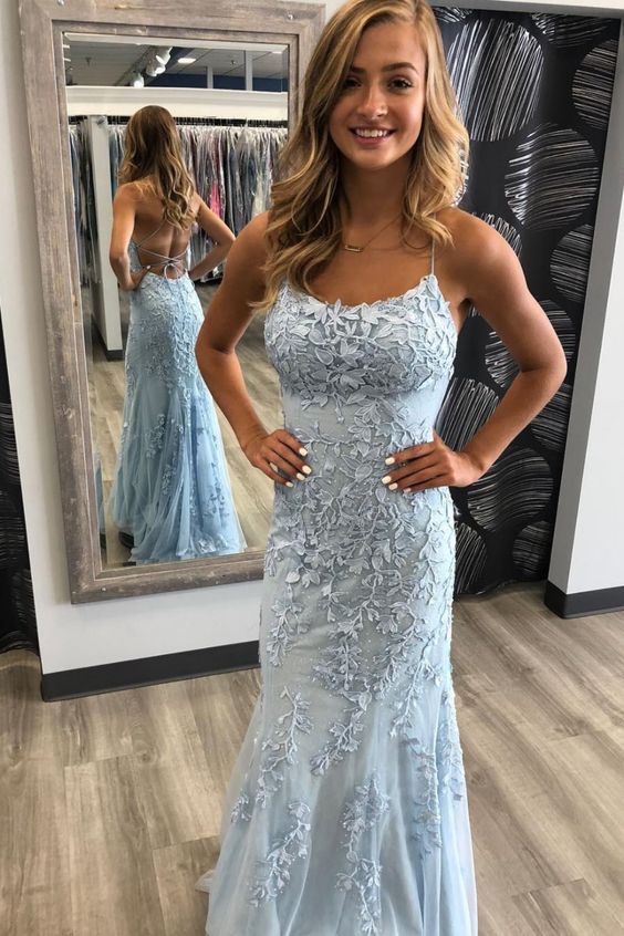 Light Blue Lace Prom Dress Open Back, Prom Dresses, Evening Dress, Dance Dress, Graduation School Party Gown, PC0414 - Promcoming