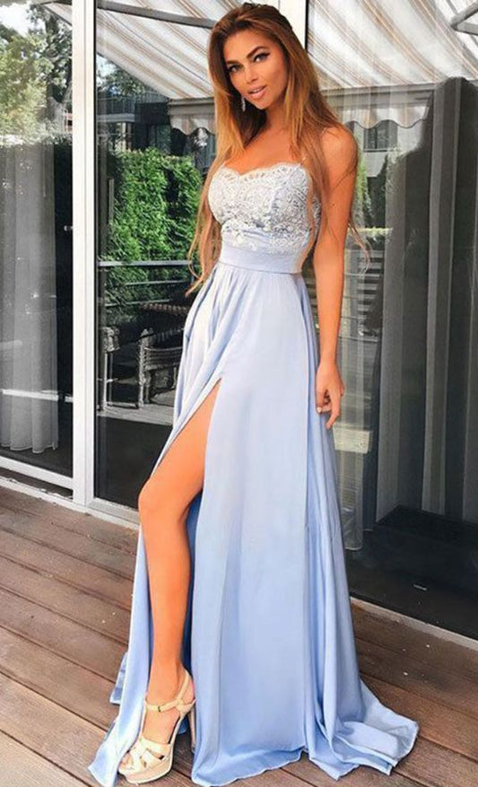 Light Blue Prom Dress Slit Skirt, Evening Dress ,Winter Formal Dress, Pageant Dance Dresses, Graduation School Party Gown, PC0097 - Promcoming