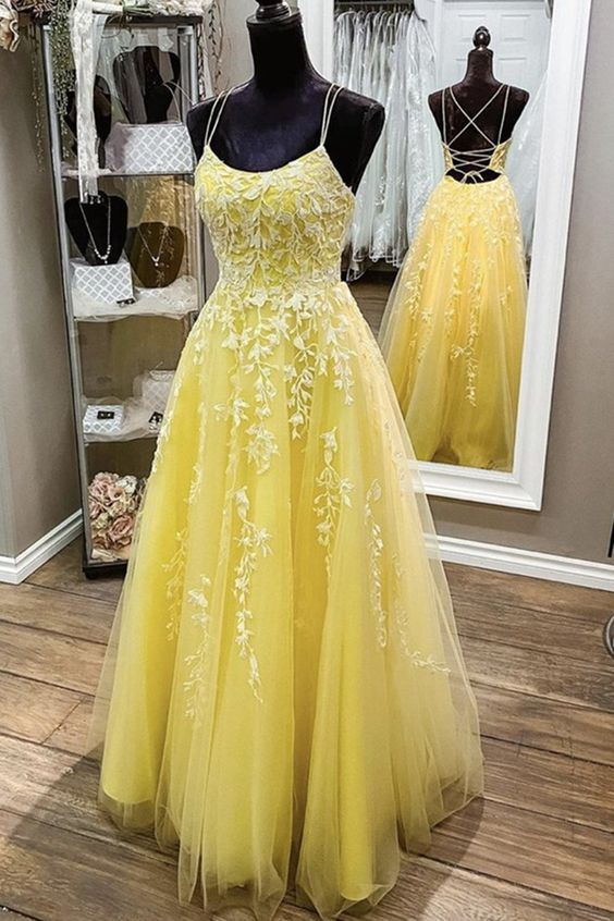 Yellow Lace Prom Dress Long , Formal Ball Dress, Evening Dress, Dance Dresses, School Party Gown, PC0924
