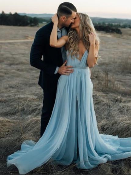 Sexy Pale Blue Chiffon Boho Wedding Dress with slit, bride dress, wedding gown