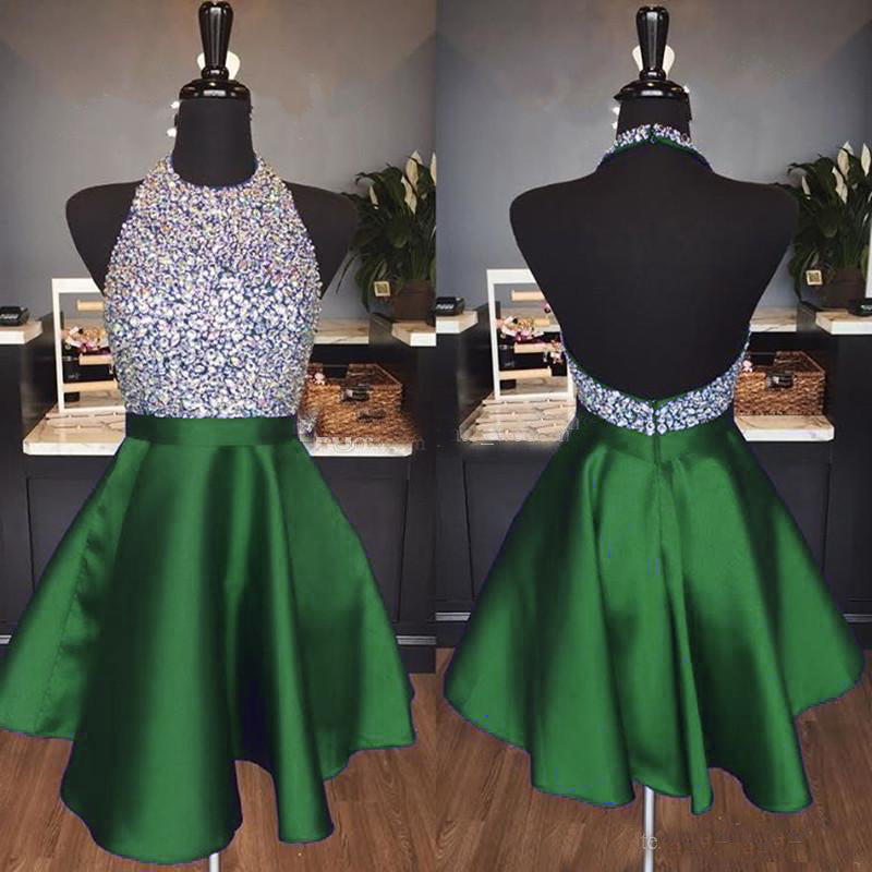 Green Homecoming Dress Halter Neckline, Short Prom Dress ,Formal Dress,Dance Dresses, Back To School Party Gown, PC0845