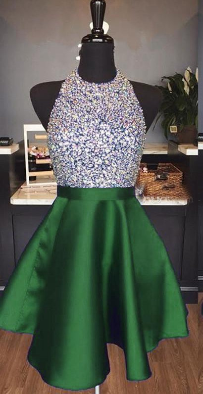 Green Homecoming Dress Halter Neckline, Short Prom Dress ,Formal Dress,Dance Dresses, Back To School Party Gown, PC0845