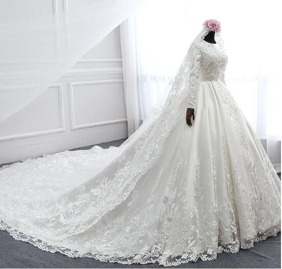 Muslim Wedding Dresses High Neck Long Sleeve Tulle Lace Applique Bridal  Gowns | eBay