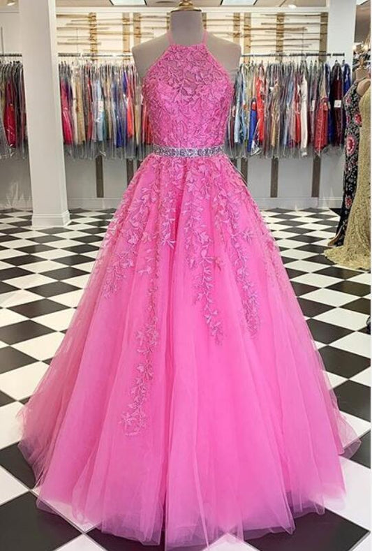 New Style Pink Prom Dress Halter Neckline